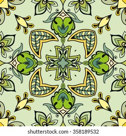 Abstract fantasy graphic background, seamless fabric pattern. Hand drawn floral geometric texture. Tribal ethnic ornament, doodle vector illustration. 