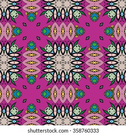 Abstract fantasy graphic background, seamless fabric pattern. Hand drawn floral geometric texture. Tribal ethnic ornament, doodle vector illustration. 
