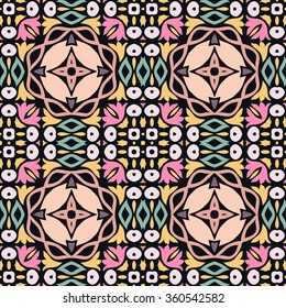 Abstract fantasy graphic background, seamless fabric pattern. Hand drawn floral geometric texture. Tribal ethnic ornament, doodle vector illustration. 