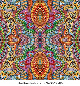 Abstract fantasy graphic background, seamless fabric pattern. Hand drawn floral geometric texture. Tribal ethnic ornament, doodle vector illustration. 