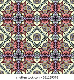 Abstract fantasy graphic background, seamless fabric pattern. Hand drawn floral geometric texture. Tribal ethnic ornament, doodle vector illustration. 