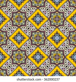 Abstract fantasy graphic background, seamless fabric pattern. Hand drawn floral geometric texture. Tribal ethnic ornament, doodle vector illustration. 