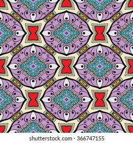Abstract fantasy graphic background, seamless fabric pattern. Hand drawn floral geometric texture. Tribal ethnic ornament, doodle vector illustration. 