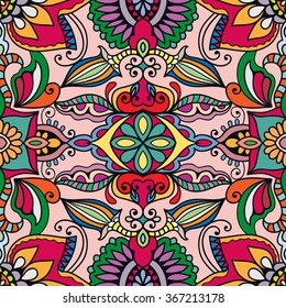 Abstract fantasy graphic background, seamless fabric pattern. Hand drawn floral geometric texture. Tribal ethnic ornament, doodle vector illustration. 