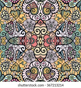 Abstract fantasy graphic background, seamless fabric pattern. Hand drawn floral geometric texture. Tribal ethnic ornament, doodle hearts,vector illustration. 