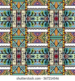 Abstract fantasy graphic background, seamless fabric pattern. Hand drawn floral geometric texture. Tribal ethnic ornament, doodle vector illustration. 