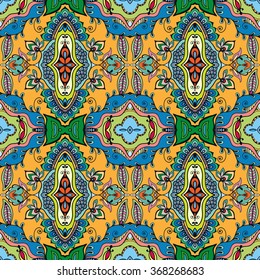 Fondo gráfico abstracto de fantasía, patrón de tela sin fisuras. Textura geométrica floral dibujada a mano. Ornamento étnico tribal, ilustración vectorial del doodle. 