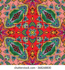 Abstract fantasy graphic background, seamless fabric pattern. Hand drawn floral geometric texture. Tribal ethnic ornament, doodle vector illustration. 