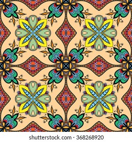 Abstract fantasy graphic background, seamless fabric pattern. Hand drawn floral geometric texture. Tribal ethnic ornament, doodle vector illustration. 