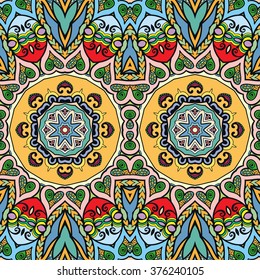 Abstract fantasy graphic background, seamless floral geometric pattern. Hand drawn fabric texture. Tribal ethnic arabic, indian, ottoman ornament, doodle vector illustration. 