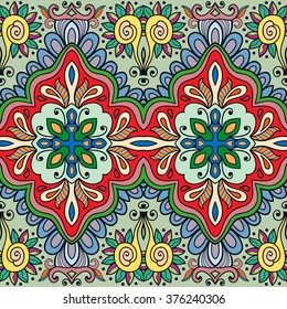 Abstract fantasy graphic background, seamless floral geometric pattern. Hand drawn fabric texture. Tribal ethnic arabic, indian, ottoman ornament, doodle vector illustration. 