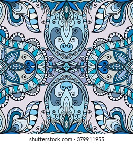 Abstract fantasy graphic background, seamless floral geometric pattern. Hand drawn fabric texture. Tribal ethnic arabic, indian, ottoman ornament, doodle vector illustration. 