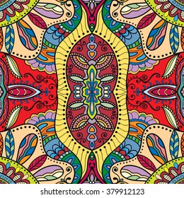 Abstract fantasy graphic background, seamless floral geometric pattern. Hand drawn fabric texture. Tribal ethnic arabic, indian, ottoman ornament, doodle vector illustration. 