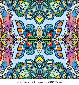 Abstract fantasy graphic background, seamless floral geometric pattern. Hand drawn fabric texture. Tribal ethnic arabic, indian, ottoman ornament, doodle vector illustration. 