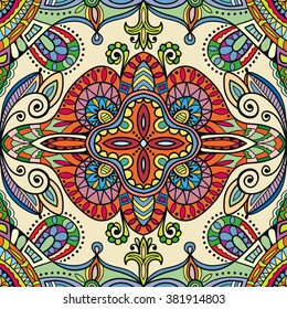 Abstract fantasy graphic background, seamless floral geometric pattern. Hand drawn fabric texture. Tribal ethnic arabic, indian, ottoman ornament, doodle vector illustration. 