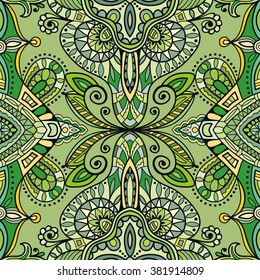 Abstract fantasy graphic background, seamless floral geometric pattern. Hand drawn fabric texture. Tribal ethnic arabic, indian, ottoman ornament, doodle vector illustration. 