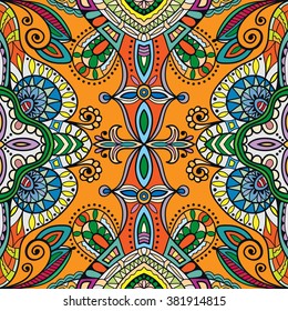 Abstract fantasy graphic background, seamless floral geometric pattern. Hand drawn fabric texture. Tribal ethnic arabic, indian, ottoman ornament, doodle vector illustration. 