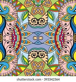 Abstract fantasy graphic background, seamless floral geometric pattern. Hand drawn fabric texture. Tribal ethnic arabic, indian, ottoman ornament, doodle vector illustration. 