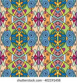 Abstract fantasy graphic background, seamless floral geometric pattern. Hand drawn fabric texture. Tribal ethnic arabic, indian, ottoman ornament, doodle vector illustration. 