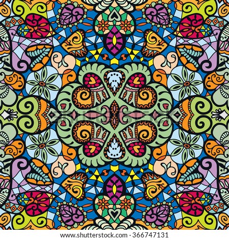 Abstract fantasy graphic background, seamless fabric pattern. Hand drawn floral geometric texture. Tribal ethnic ornament, doodle vector illustration. 