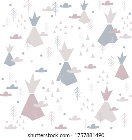 
abstract, fantasy illustration with volcanoes and trees, for children's fabrics, books, covers, backgrounds, games, products