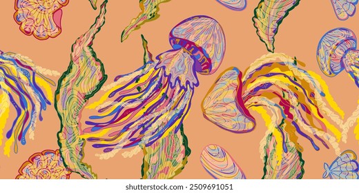Abstract fantasy jellyfish and seaweed variegated ornament tropical summer motifs seamless overlapping rapport patterns