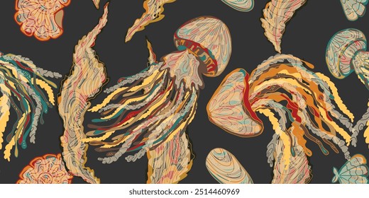 Abstract fantasy jellyfish and seaweed variegated ornament tropical summer motifs seamless overlapping rapport patterns