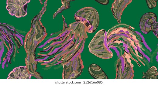 Abstract fantasy jellyfish and seaweed variegated ornament tropical summer motifs seamless overlapping rapport patterns
