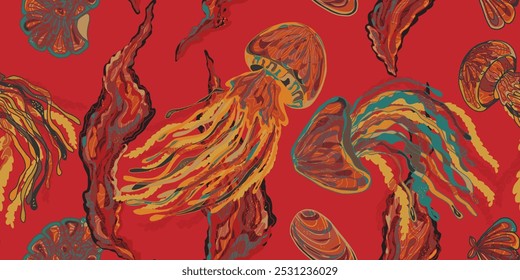 Abstract fantasy jellyfish and seaweed variegated ornament tropical summer motifs seamless overlapping rapport patterns
