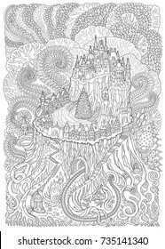Abstract fantasy landscape. Fairy tale medieval castle with Christmas tree on a old stub. Stylized fern foliage, mushrooms.T-shirt print. Adults and children coloring book page. Black and white