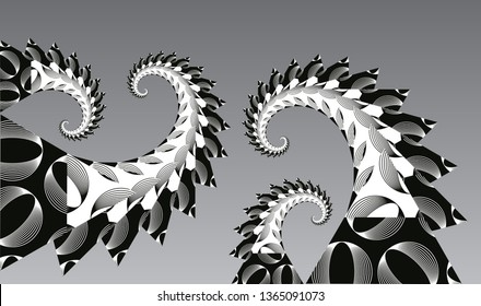 abstract fantasy landscape with growing spirals in silver shades