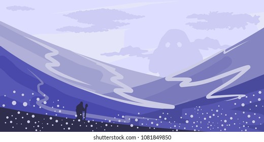 Abstract Fantasy Lanscape Scenery. Traveller Meets Giant Monster In Icelands Vector Concept Art   