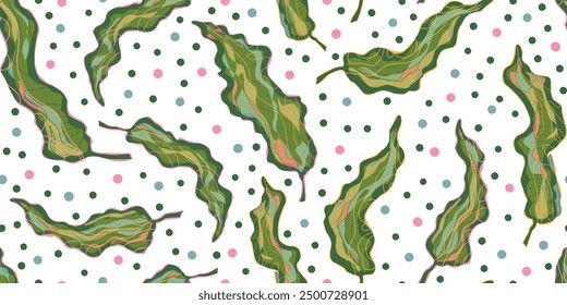 Abstract fantasy leaves and dots variegated ornament Asian motifs vector seamless overlapping pattern rapport