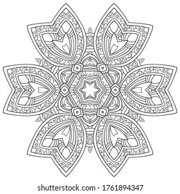 Una fantasía abstracta mandala con una decoración pequeña y media sobre un fondo blanco aislado. Para colorear páginas de libros.
