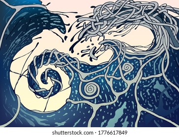 Abstract Fantasy pattern as blue sea wave splashes over white background in vector. Futuristic water wave illustration as spots, curves for tattoo, graffiti painting, dynamic summer drawing art