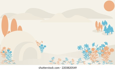 Abstrakter Fantasiehintergrund mit Sonne, Bergen, Bäumen, Blumen, Gras- und Schneehäusern. Flache Vektorgrafik.