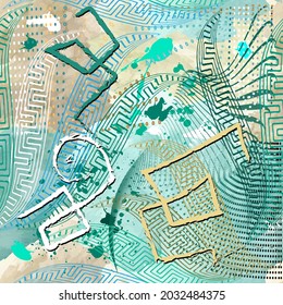 Abstract fantasy textured seamless pattern. Modern colorful dirty background. Repeat vector tribal ethnic backdrop. Fractal shapes, watercolor splashes, doodle lines, symbols. Rough grunge texture. 