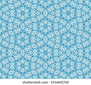 Abstract fantasy thin line hexagon, triangle geometric seamless pattern. Creative mosaic, tile background. 