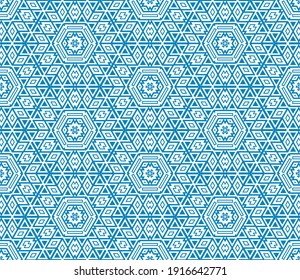 Abstract fantasy thin line hexagon, triangle geometric seamless pattern. Creative mosaic, tile background. 