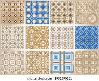 Abstract fantasy thin line hexagon, triangle geometric seamless pattern set. Creative mosaic, tile backgrounds.