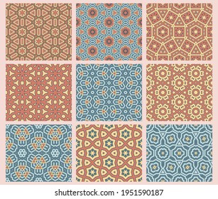 Abstract fantasy thin line hexagon, triangle geometric seamless pattern set. Creative mosaic, tile backgrounds.