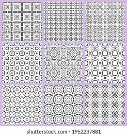 Abstract fantasy thin line square, triangle geometric seamless pattern set. Creative mosaic, tile backgrounds.