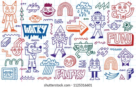 Abstract Fantasy Wacky Funny Doodle Cartoon Characters Set 2. Colored Lines School Notebook In A Cage.