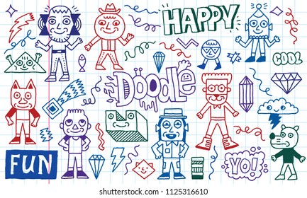 Abstract Fantasy Wacky Funny Doodle Cartoon Characters Set 5. Colored Lines School Notebook In A Cage.