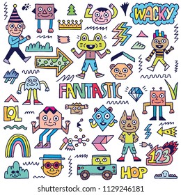 Abstract Fantasy Wacky Funny Doodle Cartoon Characters Set 1 Color