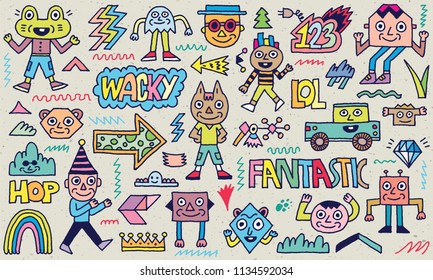 Abstract Fantasy Wacky Funny Doodle Cartoon Characters Set 1 Color Texture