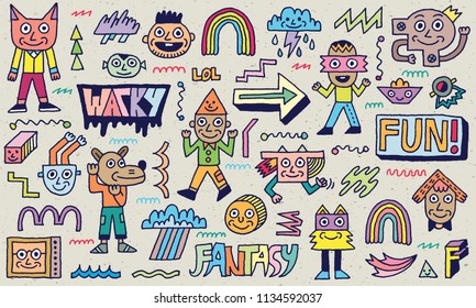 Abstract Fantasy Wacky Funny Doodle Cartoon Characters Set 2 Color Texture