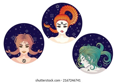 Abstract fantasy Water zodiac astrological signs with girls, avatar design.