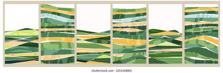 Abstract farm agriculture template. Green field pattern, eco background, nature landscape vector illustration with texture. Farmland collage for leaflet, identity, booklet. Ecology backdrop, card