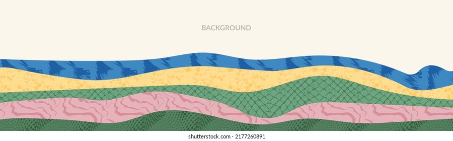 Resumen del fondo del campo de granja en estilo oriental con textura. Banner de elementos naturales. Patrón geométrico con vector de estilo japonés. Plantilla de paisaje de arte. Diseño del bosque montañoso